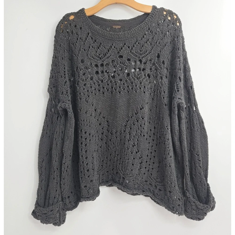Free People Sweater Size Small Traveling Slate Gray Cotton Open Knit Crochet - Picture 2 of 15